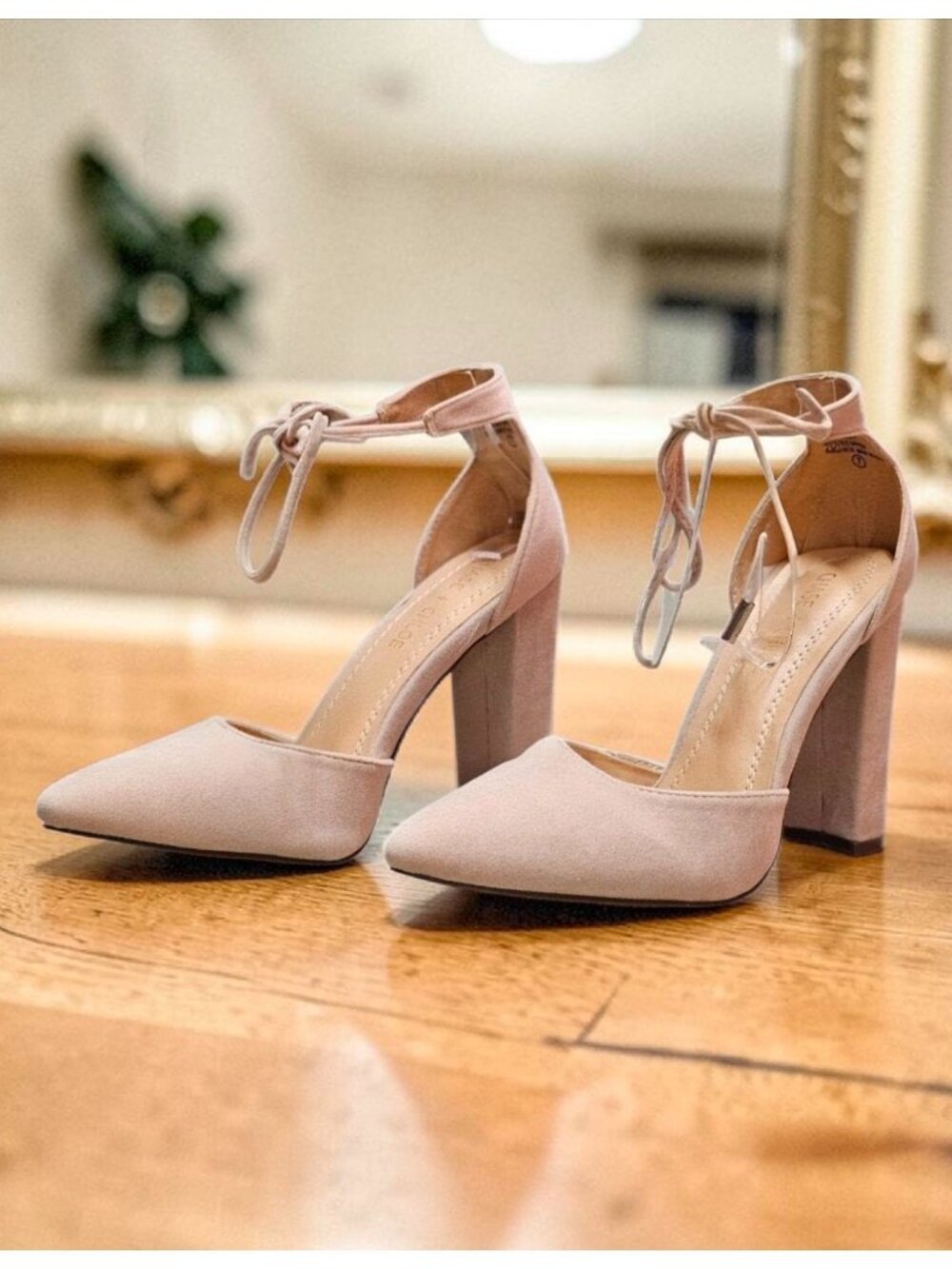 Ankle Strap Block Heel Suede Pumps In Nude Beige For Women